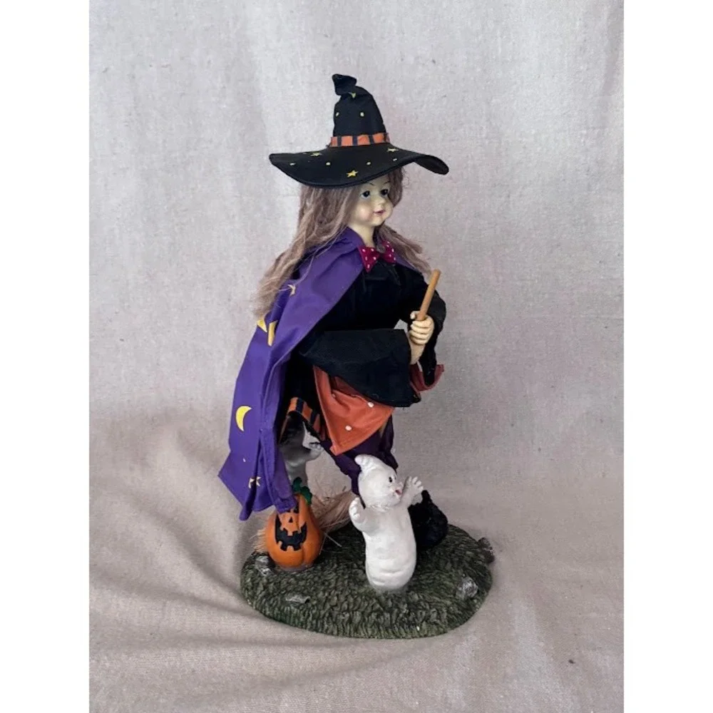 Vintage‎ Halloween Fabric Mache Witch Figurine with Broom, Ghost, and Pumpkin